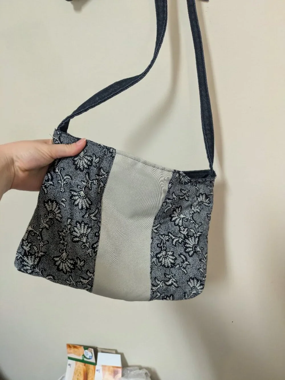 handmade crossbody fabric purse bag navy blue tan